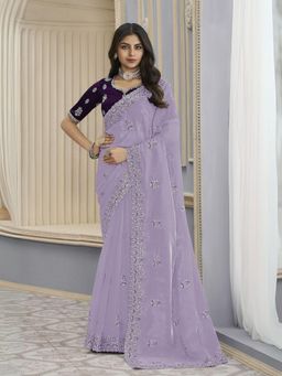 Odette - Lavender Organza Embroidered Elegant Saree with Unstitched Blouse