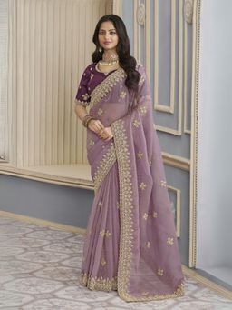 Odette - Purple Georgette Crush Embellished Elegant Saree with Unstitched Blouse