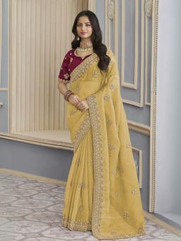 Odette - Yellow Georgette Crush Embellished Elegant Saree with Unstitched Blouse