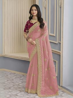 Odette - Pink Georgette Crush Embellished Elegant Saree with Unstitched Blouse