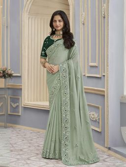 Odette - Light Green Georgette Embroidered Elegant Saree with Unstitched Blouse