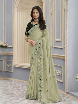 Odette - Pista Georgette Embroidered Elegant Saree with Unstitched Blouse
