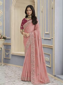 Odette - Pink Georgette Embroidered Elegant Saree with Unstitched Blouse