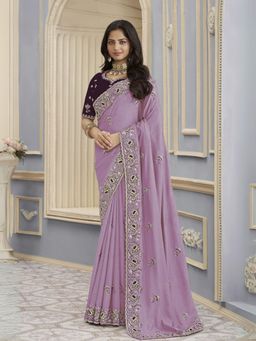 Odette - Purple Georgette Embroidered Elegant Saree with Unstitched Blouse