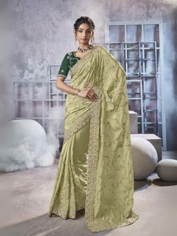 Odette - Light Green Georgette Embellished Elegant Saree with Unstitched Blouse