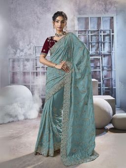 Odette - Sea Green Georgette Embellished Elegant Saree with Unstitched Blouse