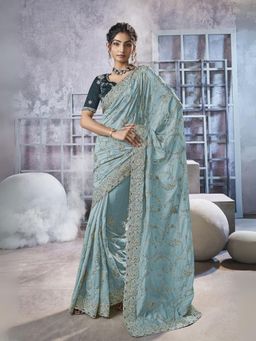 Odette - Light Blue Georgette Embellished Elegant Saree with Unstitched Blouse