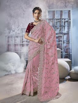 Odette - Pink Georgette Embellished Elegant Saree with Unstitched Blouse