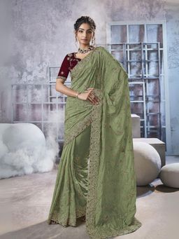 Odette - Green Georgette Embellished Elegant Saree with Unstitched Blouse