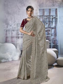 Odette - Grey Georgette Embellished Elegant Saree with Unstitched Blouse