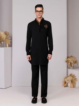 S&N by Shantnu Nikhil - Black Kurta with Velvet Engraved Panel