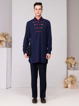 S&N by Shantnu Nikhil - Navy Blue Signature Taping Kurta