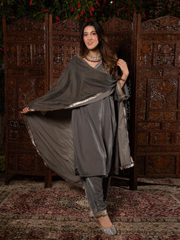 DIMPLE DESIGN STUDIO - Smoke Grey Velvet Suit (Set of 3)