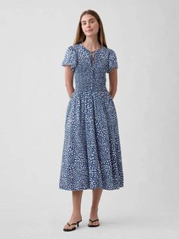 GAP - Women's Floral Printed Ruffled Sleeve Tie-Up Neck Midi Dress
