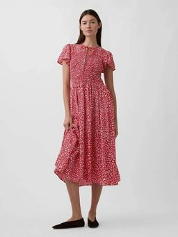 GAP - Women's Floral Printed Ruffled Sleeve Tie-Up Neck Midi Dress
