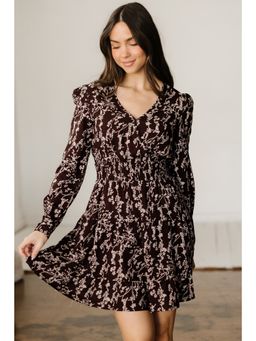 Errabelly - Brown Ditsy Floral Printed Split Neck Long Sleeve Shirred Waist Flared Mini Dress