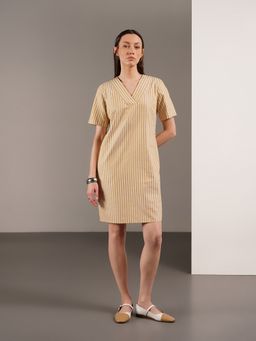 FABLE STREET - Cotton Striped Shift Short Sleeve V-Neck Dress