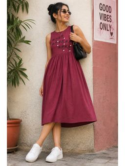 Indi Inside - Women Maroon Hand Block Printed Midi Dress