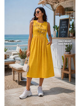 Indi Inside - Women Yellow Hand Block Printed Midi Dress