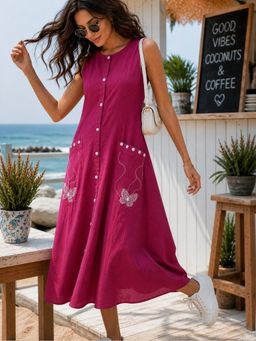 Indi Inside - Women Magenta Hand Block Printed Midi Dress
