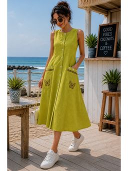 Indi Inside - Women Lime Green Hand Block Printed Midi Dress