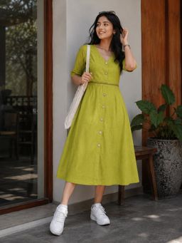 Indi Inside - Women Lime Green Hand Block Printed Midi Dress