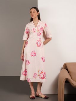 FABLE STREET - Pure Cotton Floral Fit And Flare Collar Neck Dress
