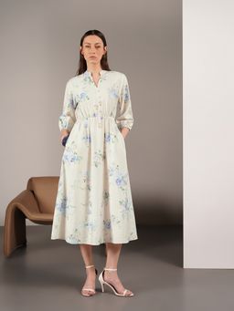 FABLE STREET - Viscose Floral Fit And Flare Mandarin Neck Dress