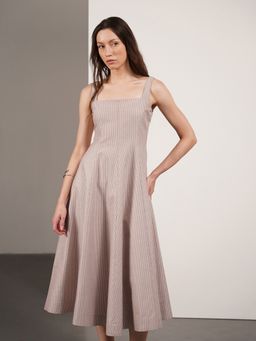 FABLE STREET - Cotton Striped Fit And Flare Sleeveless Square Neck