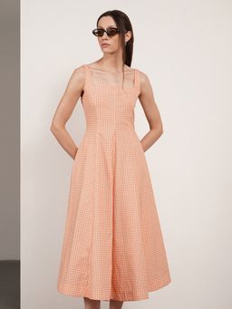 FABLE STREET - Cotton Checks Fit And Flare Sleeveless Square Neck