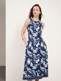 FABLE STREET - Viscose Floral Fit And Flare Sleeveless Round Neck Dress