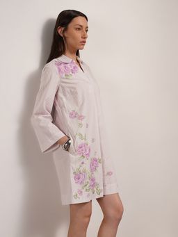 FABLE STREET - Pure Cotton Shift Collar Neck Striped Shirt Dress