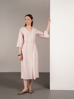 FABLE STREET - Viscose A-Line Striped V-Neck Dress with Belt