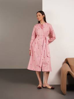 FABLE STREET - Pure Cotton Relaxed Striped Puff Sleeve Mandarin Neck Dress with Belt