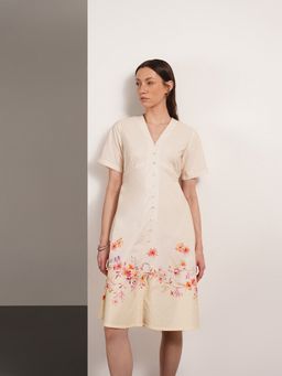 FABLE STREET - Pure Cotton A-Line Half Sleeve V-Neck Button-Front Dress