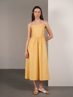 FABLE STREET - Pure Cotton Striped Fit And Flare Sleeveless Square Neck Dress
