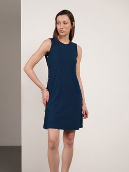 FABLE STREET - Rib Knit Shift Sleeveless Round Neck Side Button Dress