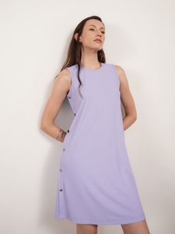 FABLE STREET - Rib Knit Shift Sleeveless Round Neck Side Button Dress