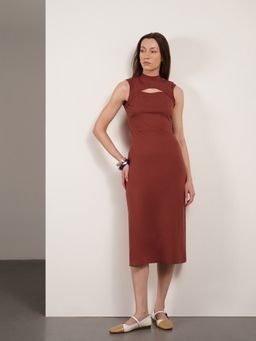 FABLE STREET - Pure Cotton Bodycon Sleeveless Mock Neck Cut-Out Dress