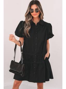 Errabelly - Black Shirt Style Button Down Puff Sleeve Ruffle Hem Dress