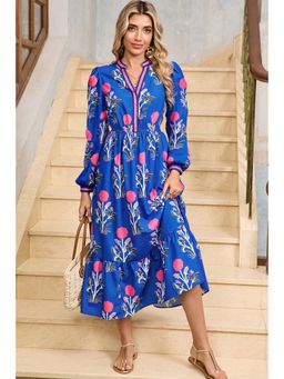 Errabelly - Blue Floral Printed Striped Trim Split Neck Long Sleeve Ruffle Hem Midi Dress