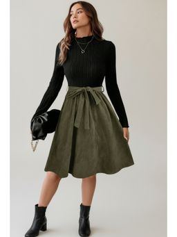 Errabelly - Black Ribbed Knit Slim Bodice Contrast Flared Skirt Patchwork Dress with Belt
