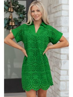 Errabelly - Green Eyelet Self Design Mini Dress