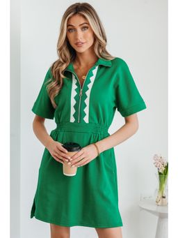 Errabelly - Bright Green Contrast Patchwork Half Zip Elastic Waist Short Sleeve Mini Dress