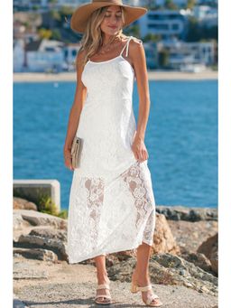 Errabelly - White Tie Spaghetti Straps Floral Lace Overlay Long Dress