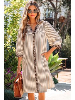Errabelly - Khaki Stripe Square Button Leopard Trim Loose Bracelet Sleeve Shirt Dress