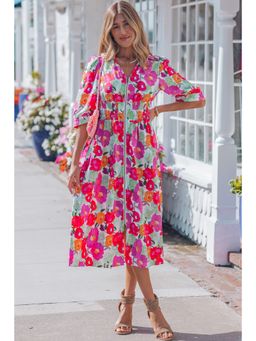 Errabelly - Rose Vibrant Floral Printed V Neck Zip Up Puffy Half Sleeve Dress