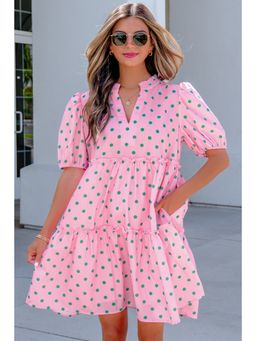 Errabelly - Pink Polka Dot Printed Mandarin Neck Short Sleeve Tiered Mini Dress