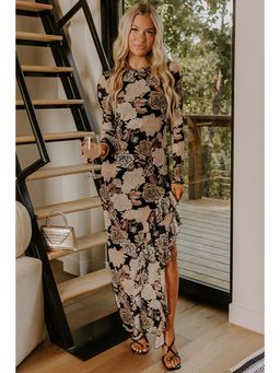 Errabelly - Black Floral Long Sleeve Asymmetric Ruffle Split Hem Mesh Dress