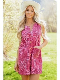 Errabelly - Pink Leopard Denim Buttoned Shift Sleeveless Dress